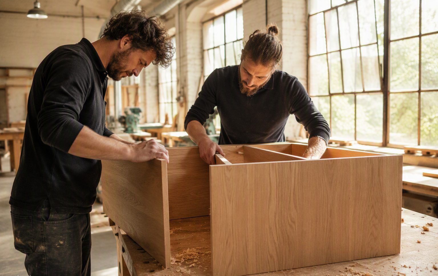 MultiForce craftsmen assembling a cabinet in the workshop