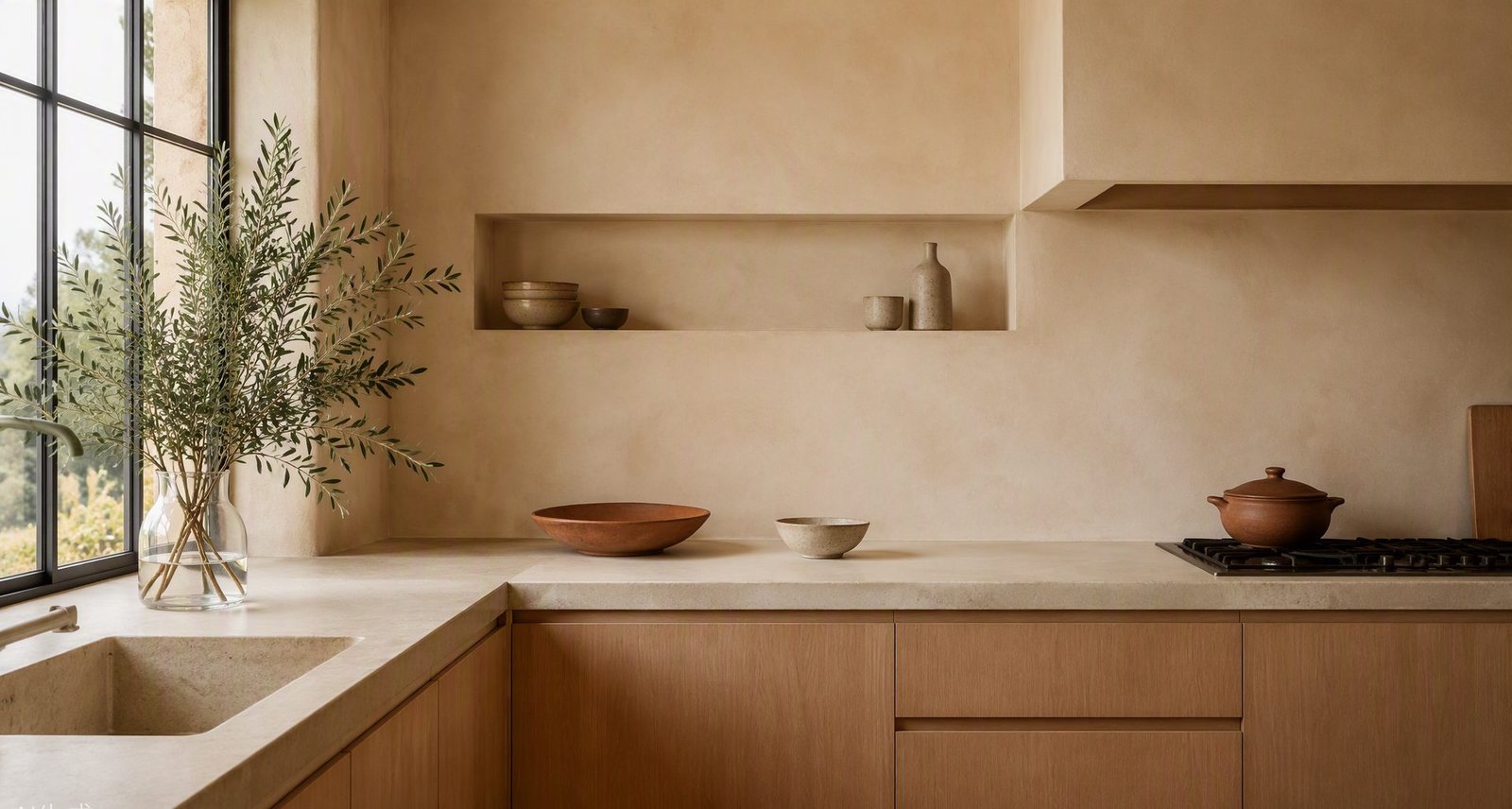 Warm minimalist kitchen in ivory and oak