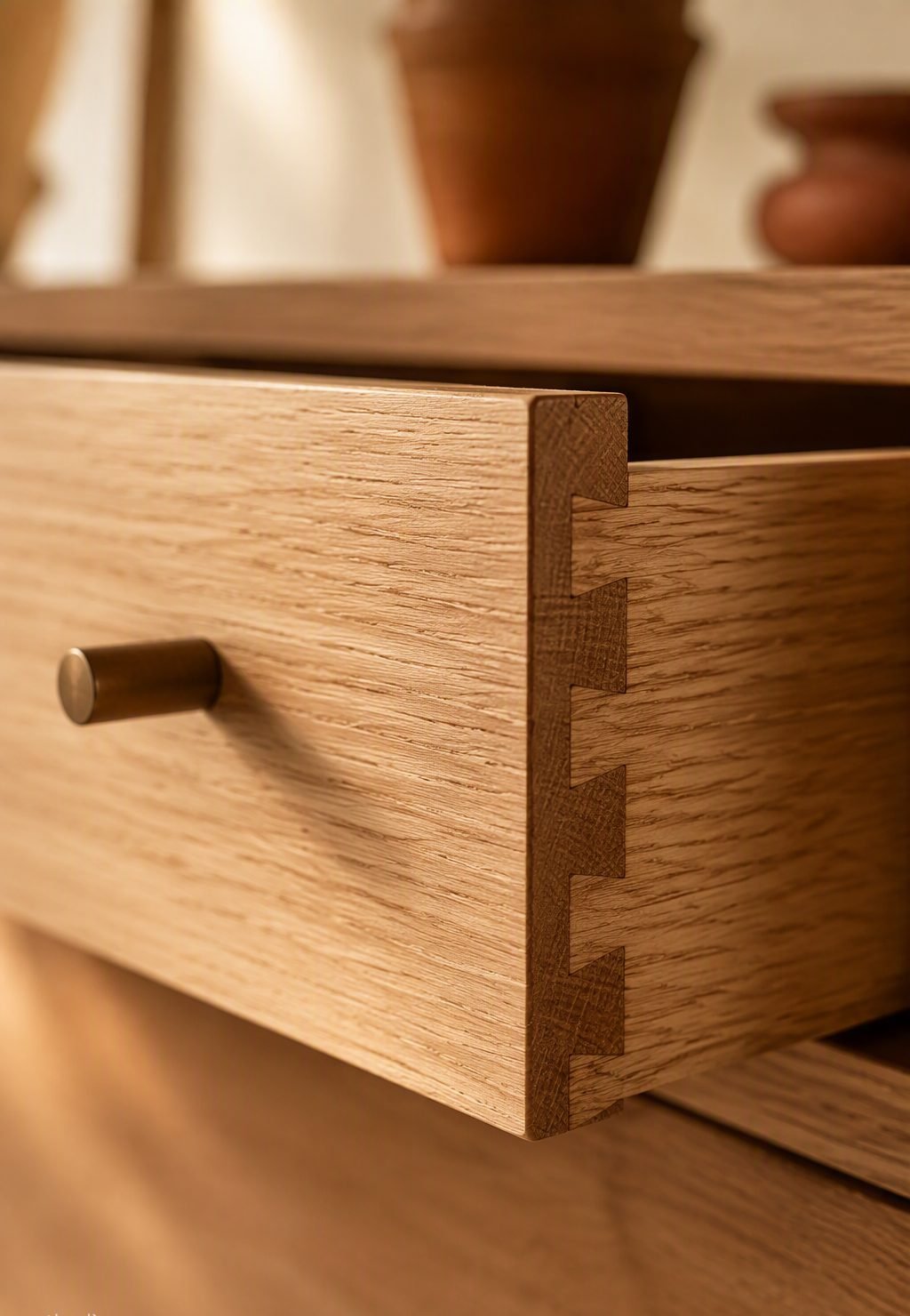Fine joinery detail — dovetail drawer in oak