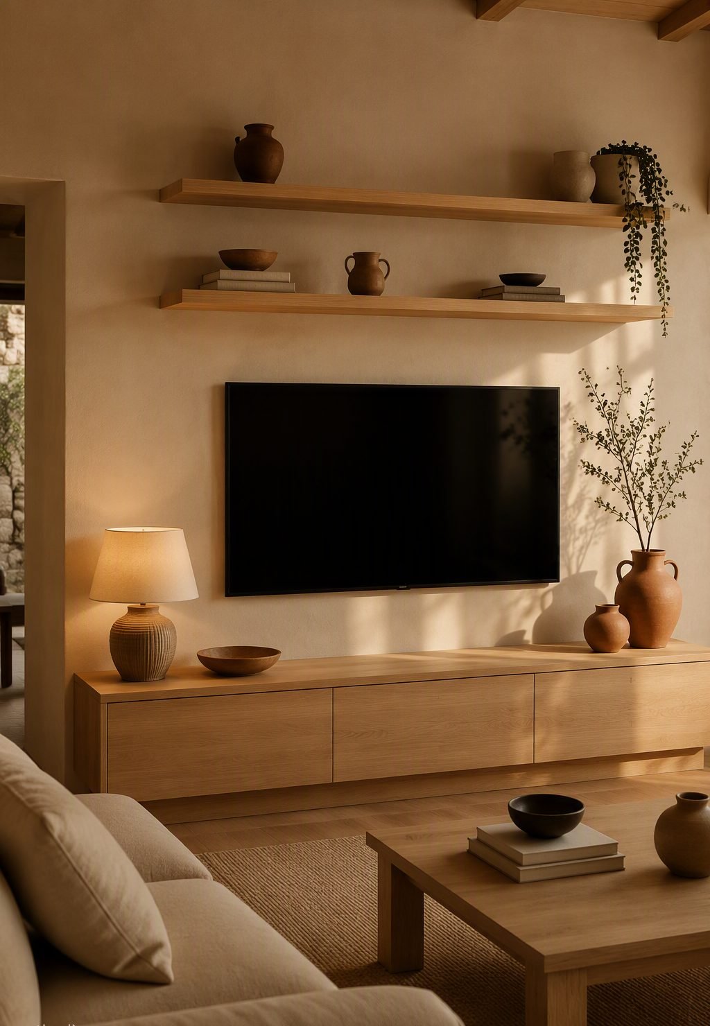Holloway Media Wall — floating oak TV unit